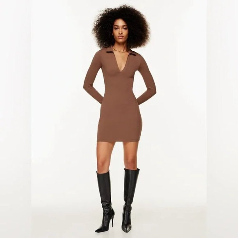 Aritzia Babaton Contour Polo Longsleeve Dress Epicurean Brown - Sz M